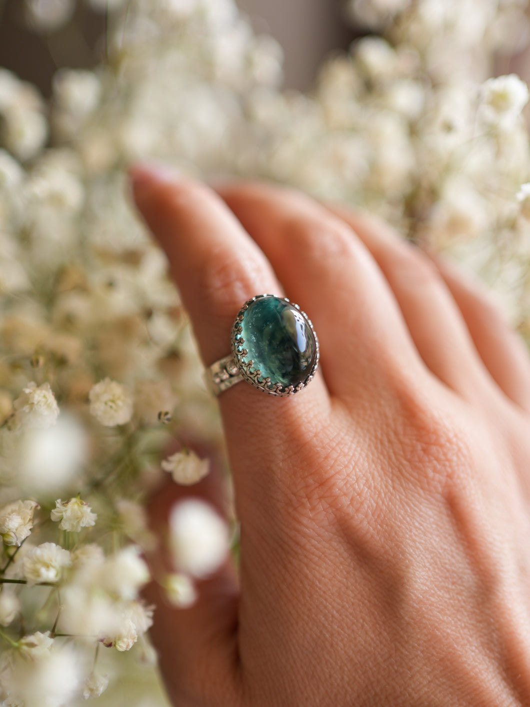 Secret Flower Ring with Green-Blue Fluorite Size 8.75